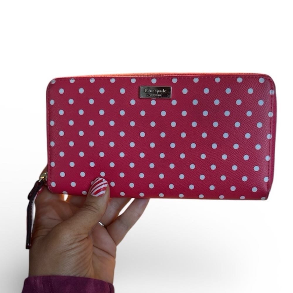 Kate Spade Red White Polka Dot Wallet Clutch wristlet zip around designer - Picture 2 of 11